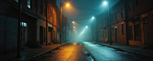 Dark urban street at night. Wet asphalt reflects orange and blue light from streetlamps. Buildings line the deserted road shrouded in fog, creating a mysterious, tense atmosphere.