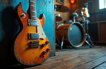 Electric guitar and drum set in studio. Vintage musical instruments on wooden floor near blue wall. Rock band equipment for recording or live performance, rock and roll atmosphere.