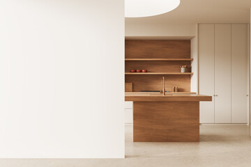 Modern kitchen interior with wooden design and blank white wall for poster mockup or branding display in minimalist home layout concept. 3D Rendering