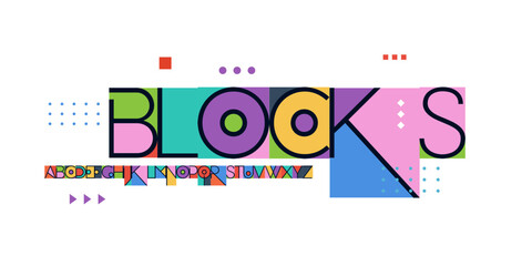 Art Blocks Font Logo Alphabet Geometric Letter Set Modern Typography, Creative Typographic Design for Title Text, Colours Poster Headline, Type Symbol Logotype, Negative Space Fonts. Vector Typeface