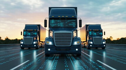 Three futuristic trucks with digital interfaces are driving on a technologically advanced highway at sunset.