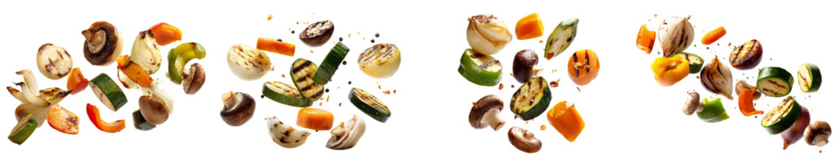 Flying grilled vegetable mix with zucchini mushrooms bell peppers and onion isolated on transparent background