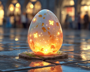 Dekoracyjne białe jajo z ciepłym, złotym blaskiem wewnątrz, umieszczone na mokrym bruku. Magiczna atmosfera wieczornego miasta w tle.