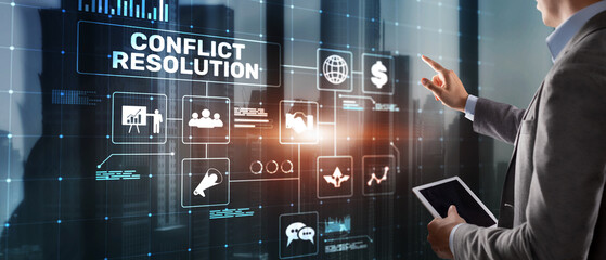 Professional Conflict Resolution Interface with Negotiation Strategy and Agreement Symbols