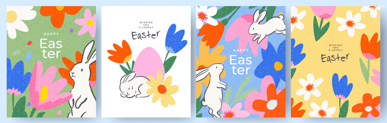 Happy Easter set of greeting cards, posters, holiday covers. Trendy design templates with typography, spring hand drawn Easter eggs and bunny, flowers in pastel colors. Modern art minimalist style for