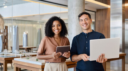 Young happy professional work team of two diverse confident female and male partners employees business people man and woman standing together in office looking at camera, corporate portrait.