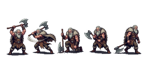 pixel art barbarian warrior featuring an elderly viking with a white beard and fur cloak.