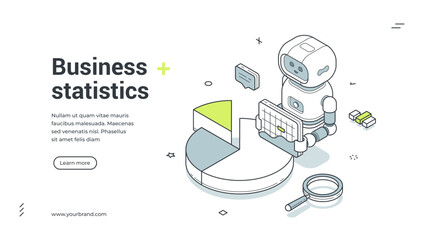 Business statistics isometric banner. Robot with chart for data analysis and financial analytics. Modern web template vector illustration for SEO and market research with AI