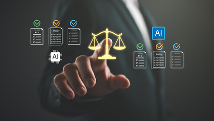 Businessman touching glowing law scales icon with AI and policy document symbols. Concept of artificial intelligence governance, digital ethics, legal compliance, and corporate regulations.