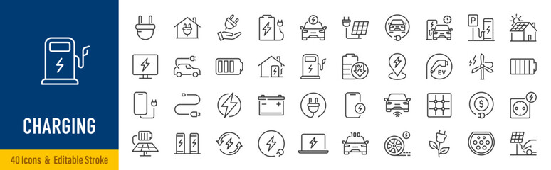 Charging web icons in line style. Charging, charging station, battery, electricity, wireless charging, electric car, collection. Vector illustration.