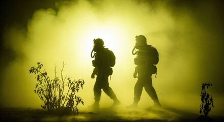 Silhouetted tactical team in gas masks walking through thick yellow chemical gas fog
