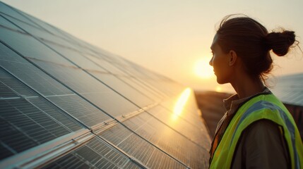 A woman wearing safety gear stands deep in thought at a solar energy facility, reflecting on sustainability efforts