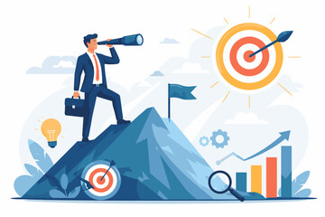 Business Vision Concept Vector Illustration of a Businessman Standing on a Mountain Peak Looking Through a Telescope at a Target for Success, Leadership, Strategic Planning, and Goal Achievement.