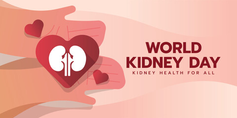 World kidney day - hands hold white kidney sign in red heart paper vector design