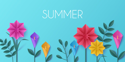 3D spring paper flower vector background. Blooming origami meadow with green grass, cheerful papercut border for seasonal designs, summer cute garden landscape, floral backdrop