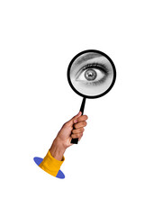 Vertical poster collage hand body fragment magnifying loop glass see watch eyeball stare examine explore drawing background