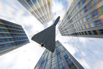 military UAV shaped like a Shahed drone over a generic city. atmosphere of war, air raids, and tactical drone deployment. War in the city, concept. Modern building and drone in air attack