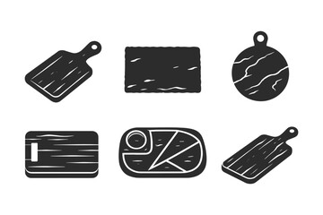 Collection of six different wooden cutting board icons in a minimalist style