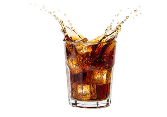 A splashing glass of cola with ice cubes captured in motion on transparent background