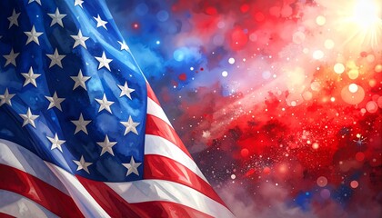 Dynamic, artystyczna kompozycja z powiewającą flagą USA na tle abstrakcyjnego, świetlistego nieba w barwach narodowych.