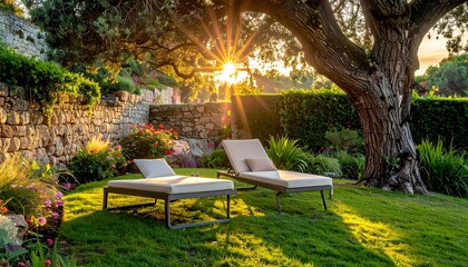 Sunny garden scene with two loungers, stone wall, lush greenery, and the sun shining through trees