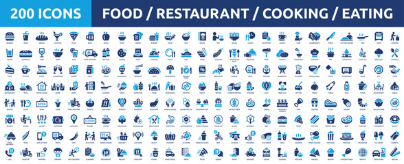 Huge set of 200 solid icons. Mega collection concept of food, restaurant, kitchen, cooking and eating. Vector illustration.