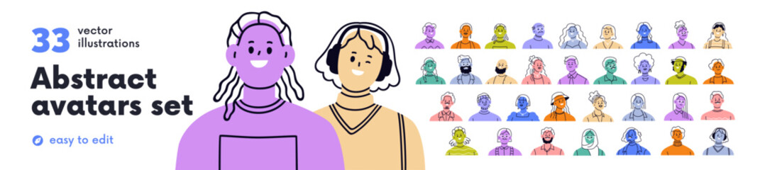 Modern abstract avatars set. Colored head portraits of diverse people. Happy smiling faces of men and women characters, drawn user profiles. Flat vector illustration isolated on white background