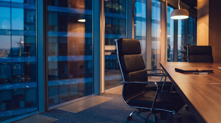 Modern office meeting room with executive chair and large windows overlooking city skyline at dusk.