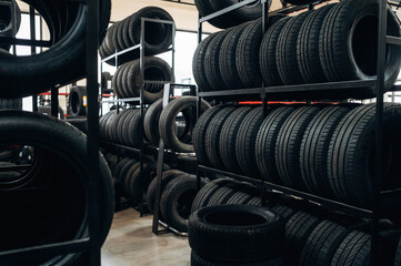 Stacked black rubber tires on metal racks inside a tire shop with bright lighting and spacious layout, showcasing organized inventory for automotive needs