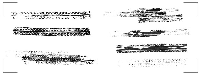Black tire track marks isolated on white background. Racing tread pattern realistic vector illustration set. Car or motorcycle wheel skid traces texture