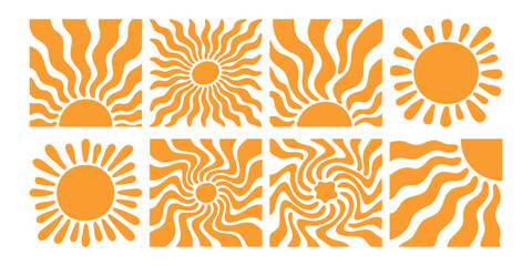 Abstract retro groovy orange sun and sunburst shapes set in psychedelic wavy style vector illustration