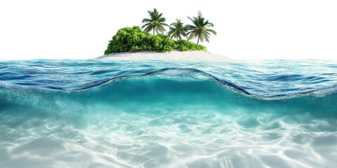 Paradise beach island with clear water and lush greenery, isolated on transparent cutout background