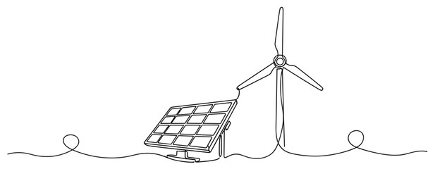 Solar panel and wind turbine mounted on continuous line landscape. No editable stroke