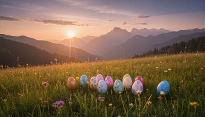 sunrise over the mountains easter eggs in the meadow 