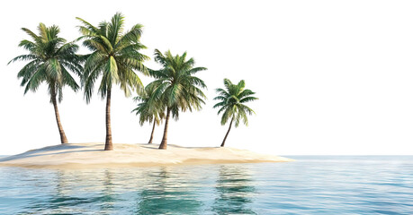 Tropical island with palm trees and sea water, isolated on transparent cutout background