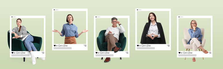Bloggers in social media post frames on light green gradient background