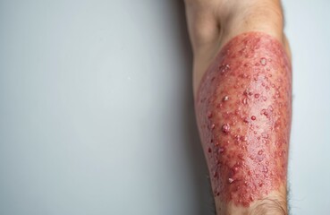 Arm shows severe skin inflammation with red irritated bumps and peeling skin. Condition may be allergy chemical burn or infection. Medical close up.