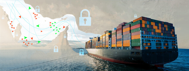Global trade disruption concept with container ships blocked from entering or exiting the Strait of Hormuz. Maritime blockade and geopolitical tension affecting international supply chain and shipping