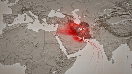 Map depicting airstrikes on Iran and retaliatory Iranian strikes on neighboring countries hosting US bases. Visualizing escalating conflict and military tensions in the Middle East 