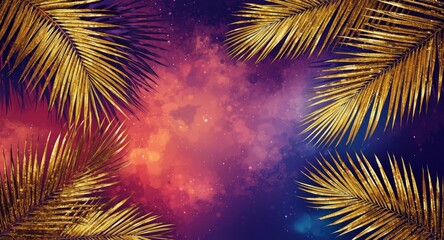 Artistic pop art tropical layout with golden palm leaves highlighted on a dynamic blue to red neon gradient background and copy space