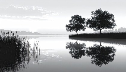 Serene grayscale landscape, lake with trees reflected in calm water
