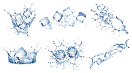 collection of energetic water splashes with ice cubes, captured mid-action against a transparent background for versatile design use, 3d render.