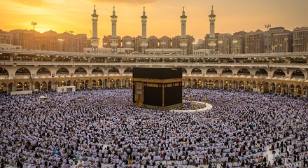Large crowd of pilgrims surrounds the Kaaba during Hajj pilgrimage at sunset