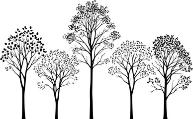 Black silhouette of deciduous trees with dense foliage against a white background