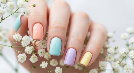 Nail Art with Pastel Colors: A manicured hand displays a colorful array of pastel nail polish hues, accented by delicate flower, embodying elegance and style.