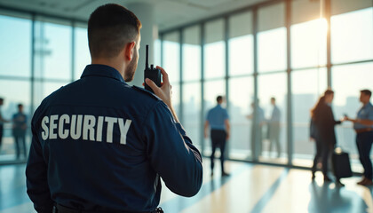 Security guard in uniform speaks on walkie talkie. He patrols modern office building hallway. People walk past in background. Sun shines through large windows.