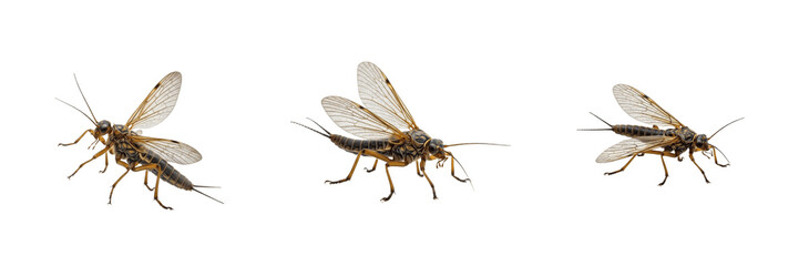 Common Stonefly Perla marginata isolated on white background, Plecoptera insect, aquatic nymph adult, brown stonefly macro set, river bug specimen, cutout PNG imagery.