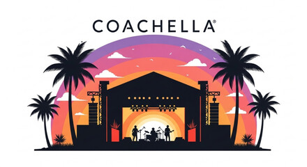 Coachella music festival stage at sunset with palm trees and vibrant sky