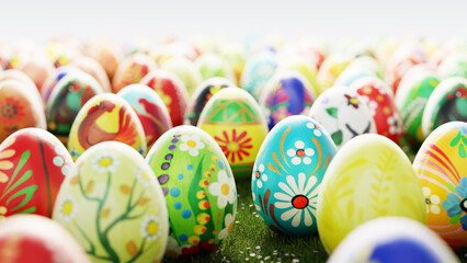Colorful hand painted easter eggs with folk patterns on a white background