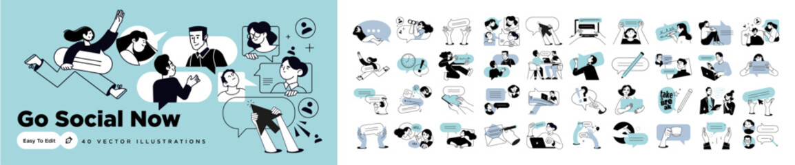 Stay in touch. Set of people vector illustrations in various activities of communication, social media, networking, support, community, chatting, app and services, rating and review, conversation.